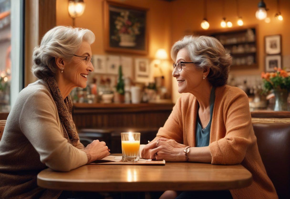A captivating scene of a confident older woman engaging in a playful conversation with a young man at a cozy, stylish café. The background should feature soft, warm lighting with subtle hints of romance, like candlelight and floral arrangements. Include elements that symbolize wisdom and experience, such as books or vintage decor. Capture expressions of intrigue and connection on their faces. super-realistic. warm colors. intimate atmosphere.