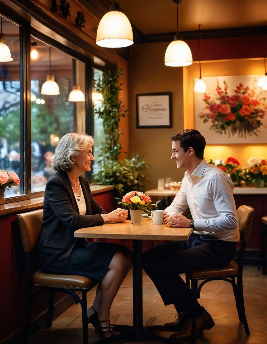 A mature woman and a younger man engaged in a heartfelt conversation at a cozy café, surrounded by romantic décor like soft lighting and floral arrangements. Their expressions convey intrigue and connection, symbolizing the complexities of modern relationships. In the background, silhouettes of couples of varying ages suggest a diversity of relationship dynamics. warm colors. realistic style.