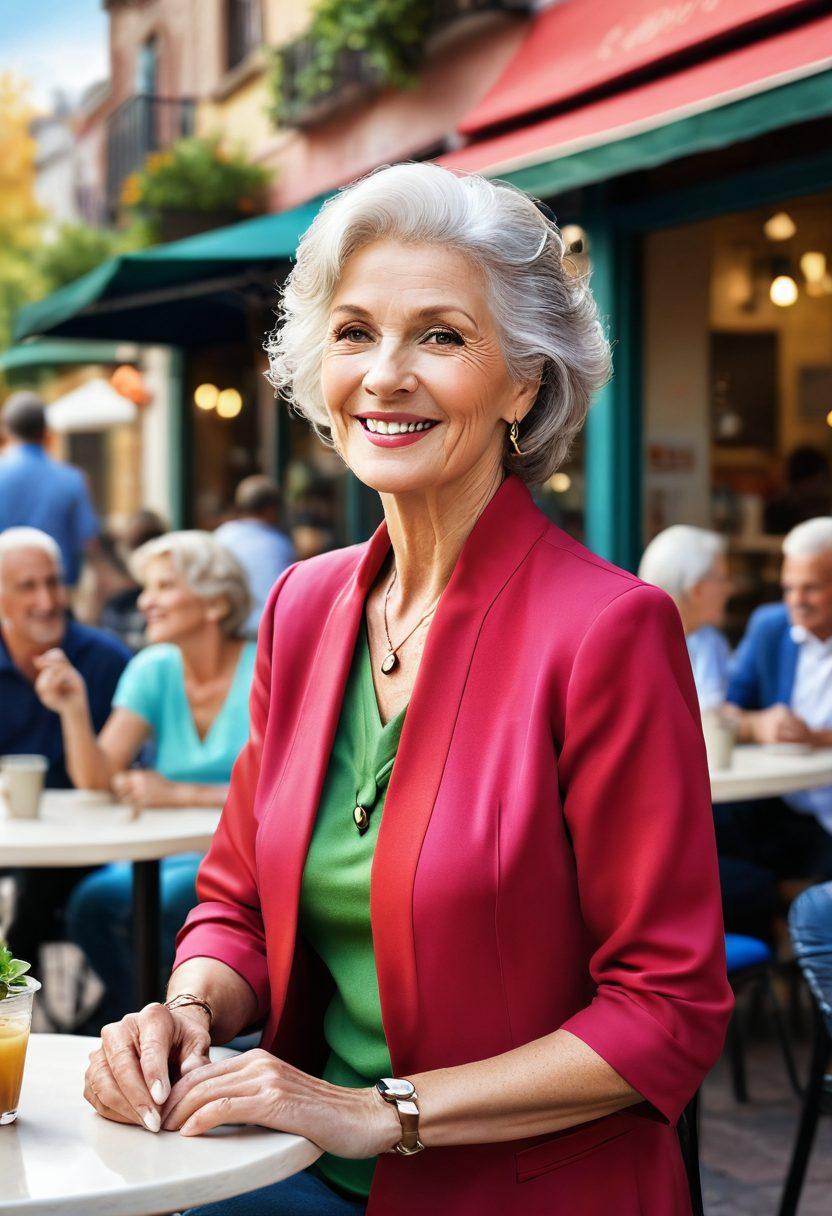 A vibrant, dynamic scene depicting a confident, alluring older woman surrounded by a variety of younger admirers, showcasing budding attraction and curiosity. The background features a lively outdoor café setting, with touches of romance in the air. Highlight her charisma with rich colors and expressions of intrigue and admiration on the faces of those around her. Illustrate an empowering atmosphere, celebrating the allure of experience. super-realistic. vibrant colors. urban background.